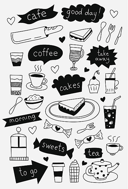 illustrazioni stock, clip art, cartoni animati e icone di tendenza di mano disegnato icone di caffè e tè e caffè e dolci torte dolci - coffee donut old fashioned snack