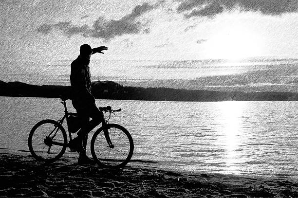 istock Black and white dashed retro sketch. Cyclist silhouette on beach 506397642