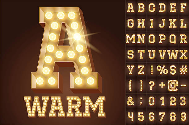 Vector warm white light up lamp alphabet in hard font Scalable vector set of letters, numbers and symbols in slab style for digital artwork and typography burlesque stock illustrations