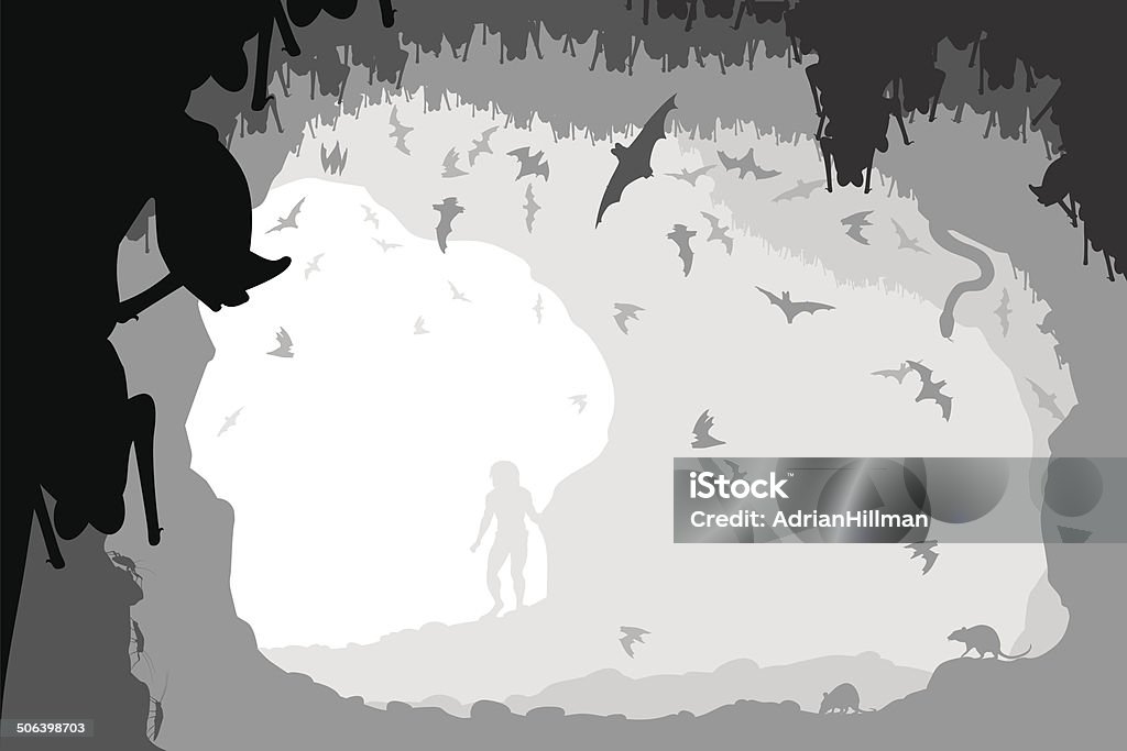 Bat cellar Editable vector illustration of a man at the mouth of a bat cave with all figures as separate objects Bat - Animal stock vector