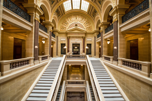 Interior photograph of the architecture of the State Capitol, in Madison, Wisconsin. Entrance to the Supreme Court of the state of Wisconsin.