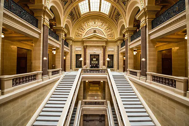 Interior photograph of the architecture of the State Capitol, in Madison, Wisconsin. Entrance to the Supreme Court of the state of Wisconsin.