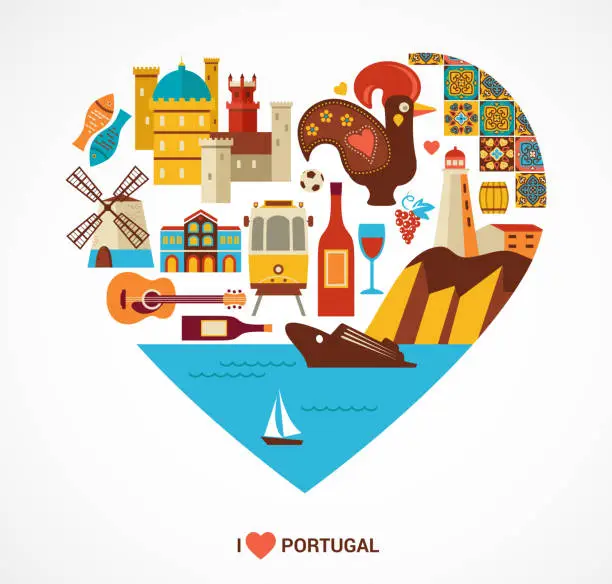 Vector illustration of Portugal love - heart with vector icons