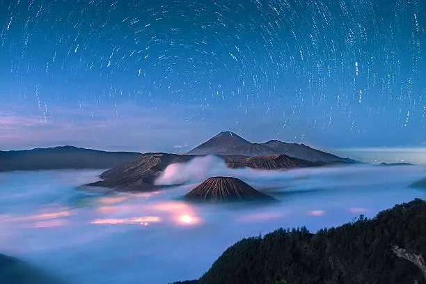 Moving stars over Mount Bromo, the active volcano in Indonesia