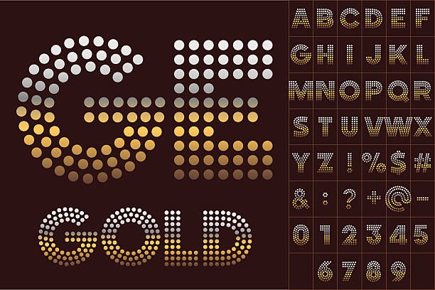 Golden dotted metal alphabet Scalable vector set of letters, numbers and symbols in quadrata style for digital artwork and typography gem jewelry gold glamour stock illustrations