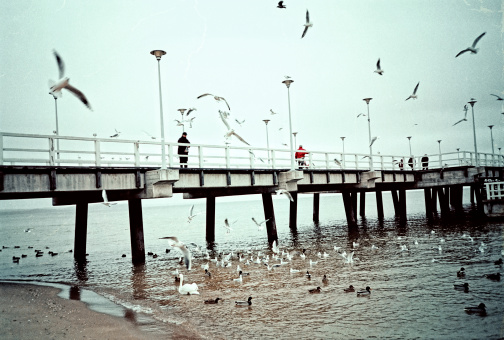 Beach, old wooden pier with flying birds in vintage nostalgia style, Sopot, Poland, Europe. Heavy processing for retro bleached look, slight vignette added.