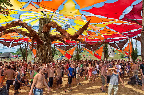 Ozora, Hungary - August 1, 2014: People dancing on Ozora Festival, one of the greatest psychedelic music gathering in Euorpe. Ozora, Hungary, Europe August 01, 2014.