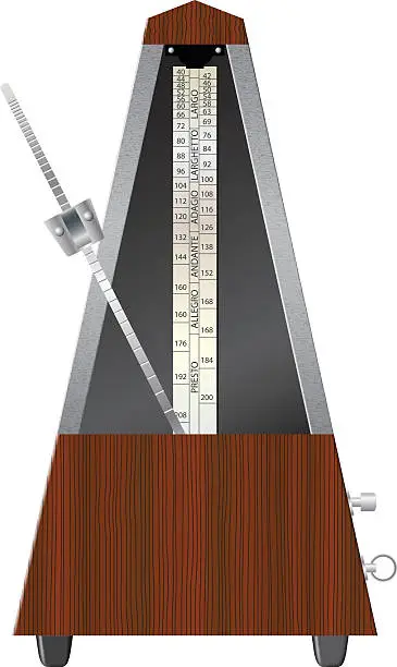 Vector illustration of Classic mechanical metronome. Wooden case. Front view. Isolated.
