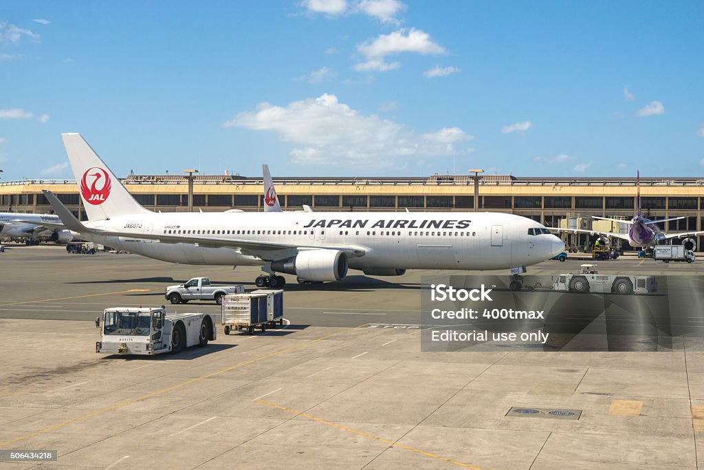 Japan Airlines Honolulu, USA - November 15, 2015: A Japan Airlines plane on the tarmac at the Honolulu airport mid day with being pulled out to the runway for take off. Airplane Stock Photo