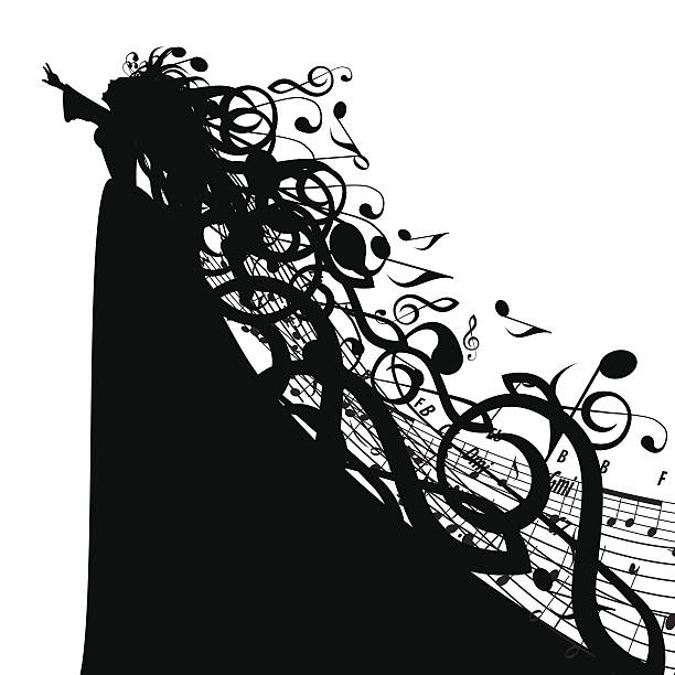 wektor sylwetka kobiety z symbole muzyczne - silhouette singer singing group of objects stock illustrations