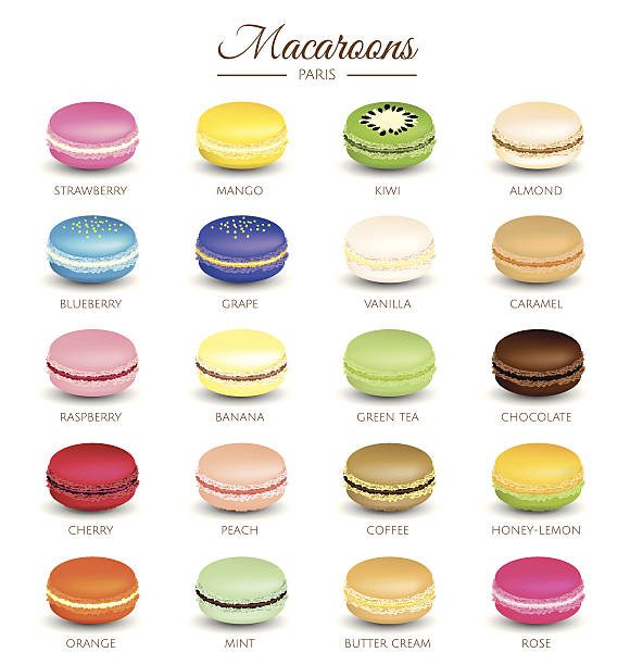 illustrations, cliparts, dessins animés et icônes de macarons saveurs colorées, illustration - macaroon french culture dessert food