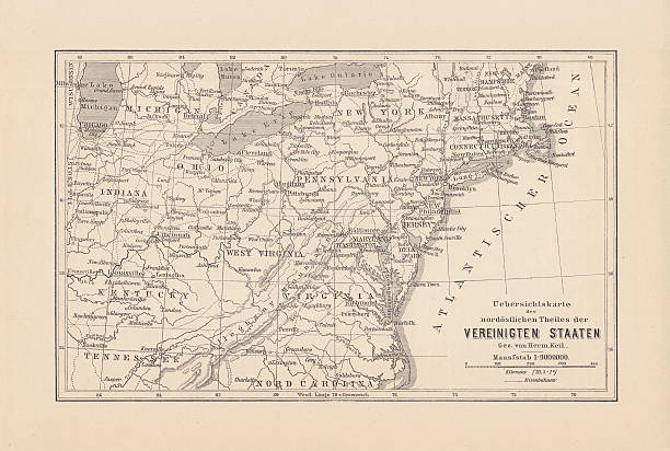 ilustraciones, imágenes clip art, dibujos animados e iconos de stock de mapa del noroeste de estados unidos, publicado en 1882 - michigan maryland