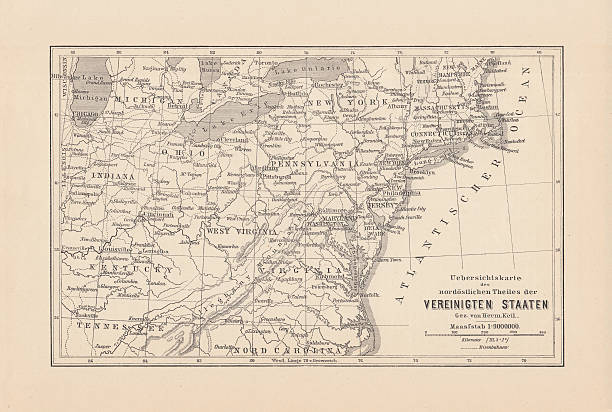 Map of Northeast United States, published in 1882 Map of the Northeast United States of America. Wood engraving, published in 1882. tennessee map stock illustrations