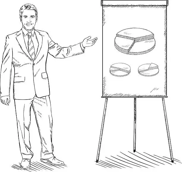 Vector illustration of Sketch style businessman points on flipchart with graph