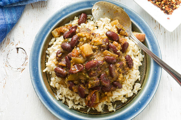 Vegetable Chili Stew on Bed of Brown Rice stock photo