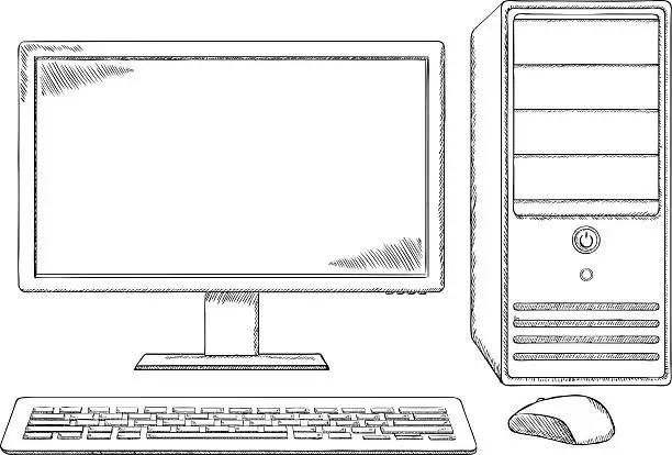 Vector illustration of Sketch style Desktop Computer Monitor Keyboard and Mouse