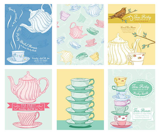 illustrazioni stock, clip art, cartoni animati e icone di tendenza di tea party invito template set - tea party illustrations