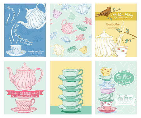 Tea Party Invitation Templates.  There are stacked teacups with saucers, teapot pouring tea, tea seamless pattern. There is a cute bird perched on a branch about a tea service.  There are banners and frames for invitation text.