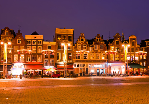 Amsterdam houses at christmas time at night in the Netherlands