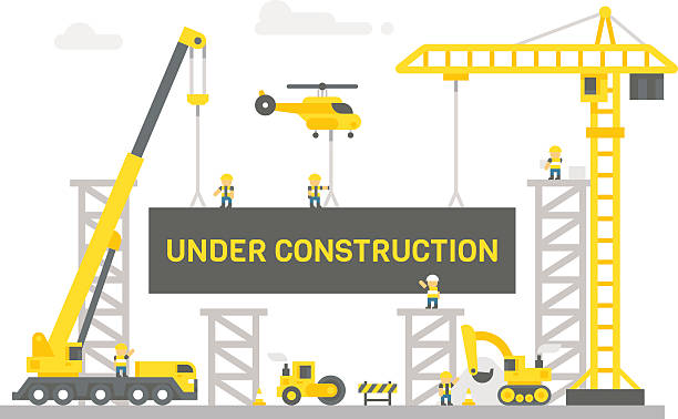 Flat design construction site sign Flat design construction site sign illustration vector derrick crane stock illustrations