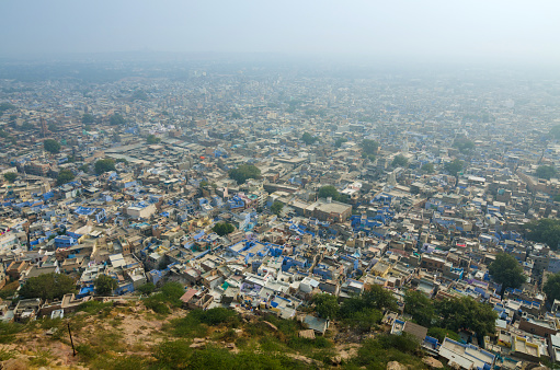 Aerial view of Jodhpur, India. Jodhpur is a city in the Thar Desert of the northwest Indian state of Rajasthan.