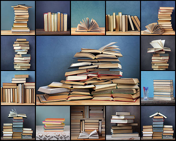 istock Collage from pictures with books on a blue background 506448148