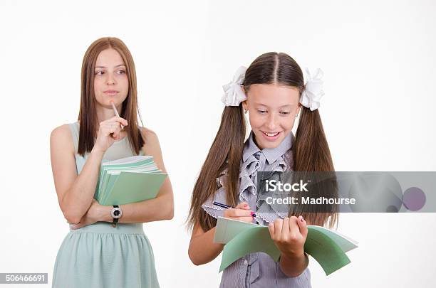 The Teacher Looks At The Student With A Notebook Stock Photo - Download Image Now - Adult, Book, Child