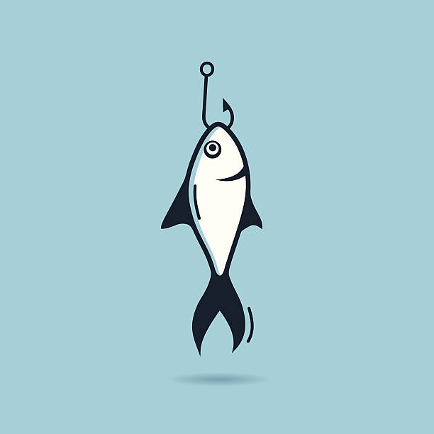 Fish on hook Vector illustration of a fish on a hook isolated on blue background. fishing hook stock illustrations