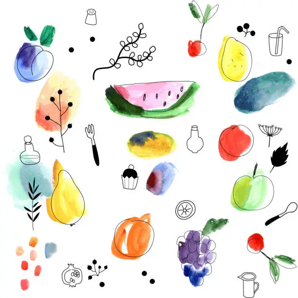 Vector illustration of Watercolor art. Fruits, berries. Isolated on a white background. Vector.