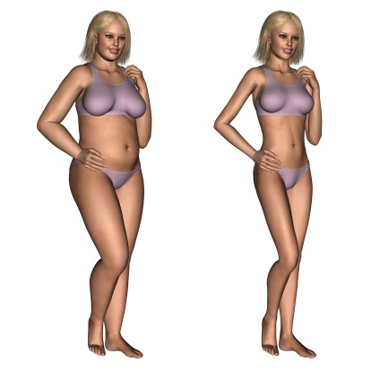 Blonde woman shown before and after dieting, 3d digitally rendered illustration.