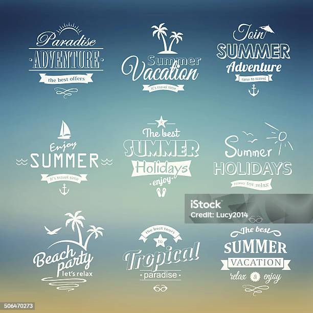 Beachy Label Pattern Beach Labels Set On Blue Stock Illustration - Download Image Now ...