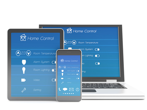 Tablet, mobile phone and laptop with program Smart home automation on the screen