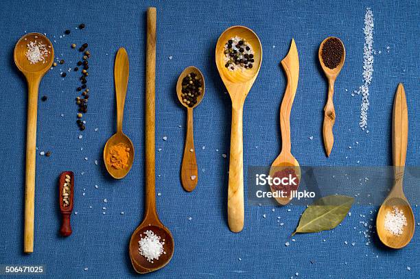 Spices Stock Photo - Download Image Now - Bay Leaf, Blue Background, Colored Background