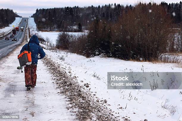 Winter Fisherman Walk Fishing Stock Photo - Download Image Now - Rear View, People, Walking