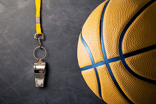 istock Metal whistle with basketball against blackboard 506472406