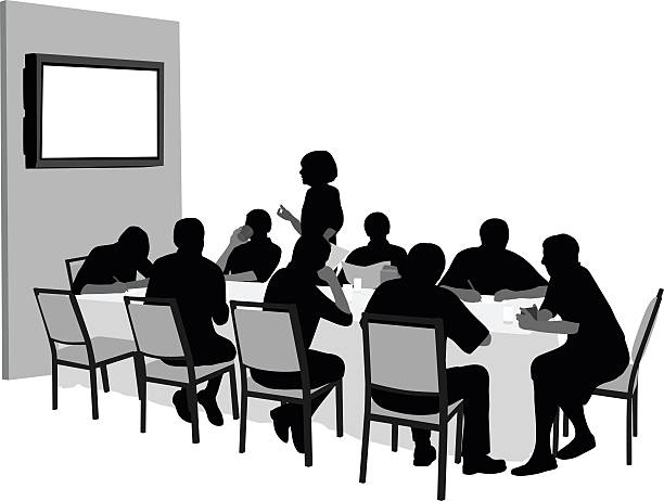 meeting mit audiovisuelle präsentation - teamwork meeting team cartoon stock-grafiken, -clipart, -cartoons und -symbole