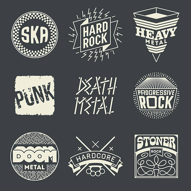 Rock Music Styles Genres Logotypes Set 1. Rock Music Styles Genres Logotypes Set 1. Line Art Vector Elements. pitter stock illustrations