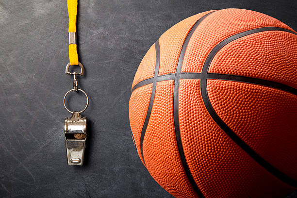 istock Metal whistle with basketball against blackboard 506478812