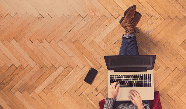 istock Modern workspace - girl with laptop working. 506479680