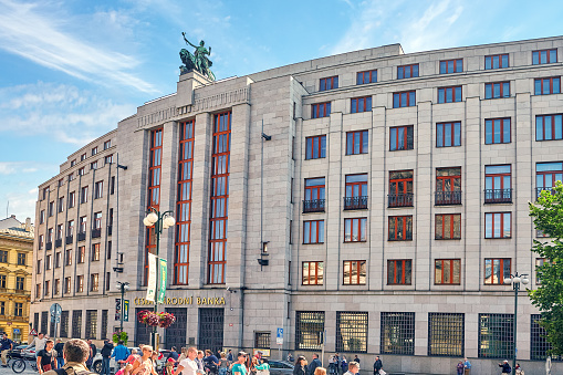 Prague, Czech Republic - September 12, 2015:The building of the Czech National Bank. Ordinary views of Prague, architectural, street, people, life of the Czech capital. Czech Republic.