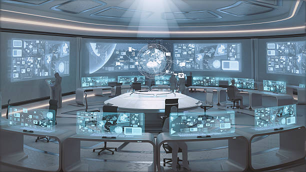istock Modern, futuristic command center interior with people silhouettes 506484886