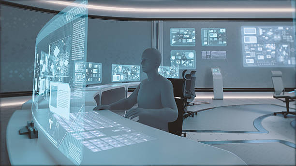 istock Modern, futuristic command center interior with people silhouettes 506485032