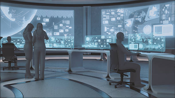 istock Modern, futuristic command center interior with people silhouettes 506485190