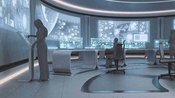 istock Modern, futuristic command center interior with people silhouettes 506485336