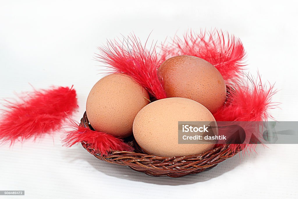 eggs in a basket and feather three eggs in a basket and a feather Animal Stock Photo