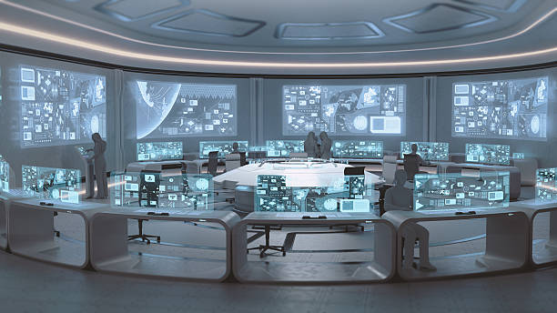 istock Modern, futuristic command center interior with people silhouettes 506485524