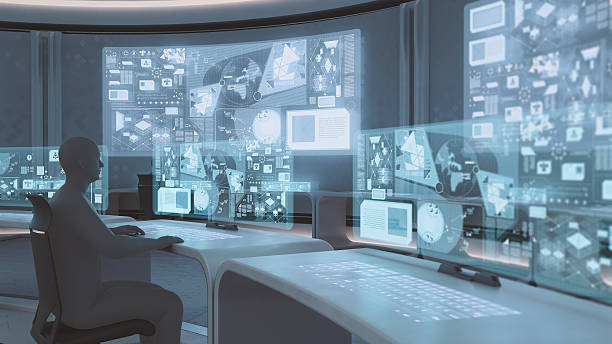 istock Modern, futuristic command center interior with people silhouettes 506485682
