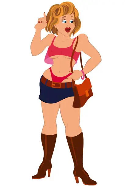 Vector illustration of Cartoon girl in red underwear holding index finger up