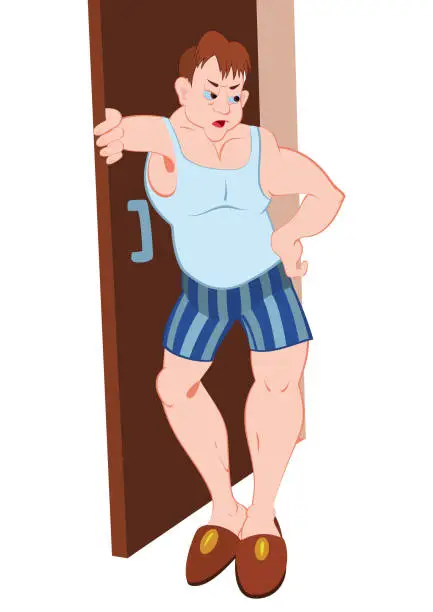 Vector illustration of Cartoon man in blue underwear standing near apartment door