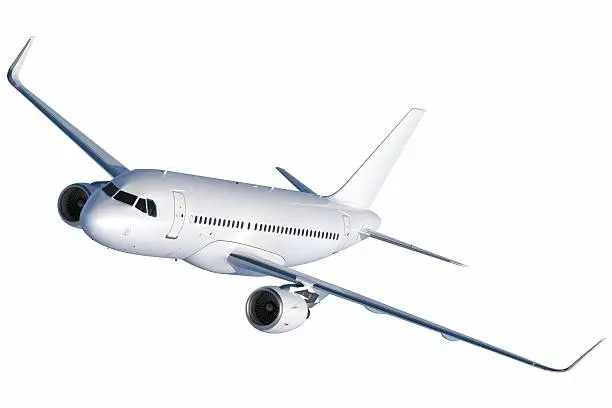 Short Passenger Jet (A319) in flight from front left Isolated on white